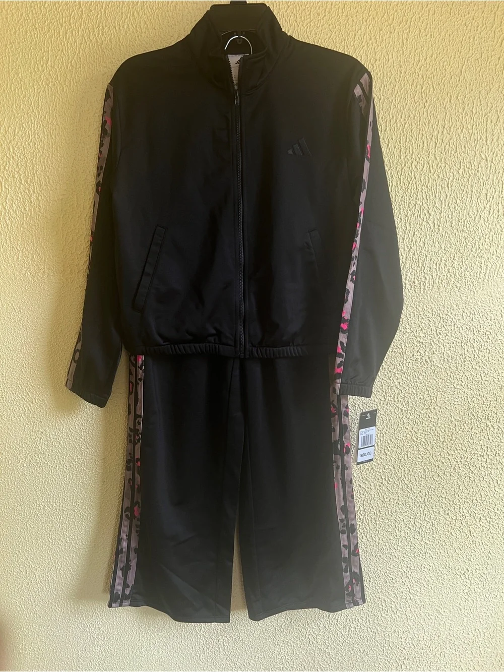 adidas Kids Black Track Set with Pink Camo Side Stripe